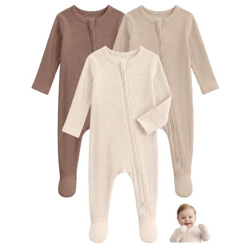 Unnivoll Viscose Bamboo Baby Pajamas Baby Sleepers Baby Boys Girls Clothes | Footie Pajamas for Newborn 0-3 3-6 6-9 Months, 3Pcs Soft Infant Footed PJs with Mitten Cuffs, Two Way Zipper, Long Sleeve