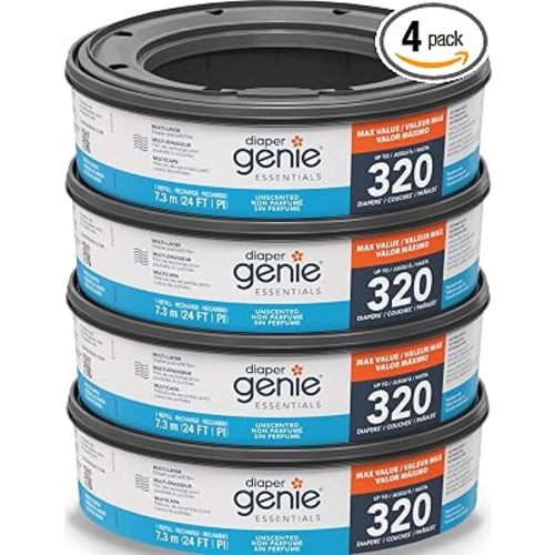 Diaper Genie Essentials Round Refill Pack of 4 | Holds Up to 1280 Newborn Diapers | Features Unscented Continuous Film | Compatible with Diaper Genie Complete and Expressions Pails
