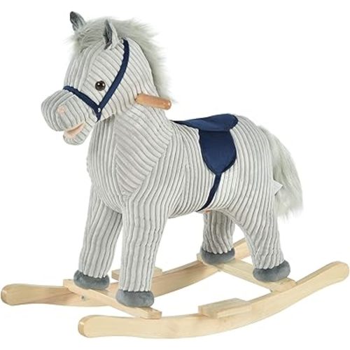 Qaba Kids Rocking Horse for Toddler 3-5, Plush Ride on Horse Wooden Rocker with Realistic Sounds, Gray