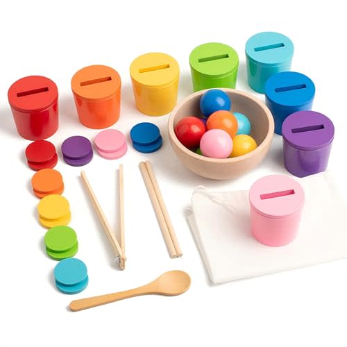 Ball in Cups Toddler Montesssori Toys, Rainbow Color Sorting Toy Coin Box Matching Game, Wooden Learning Color for Baby Toddler Fine Motor Developmental Sensory Toy