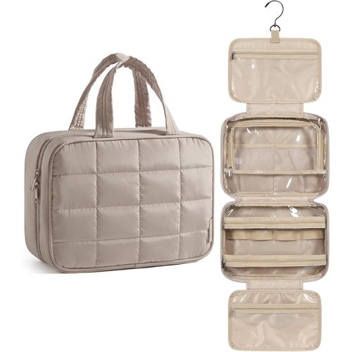 BAGSMART Travel Toiletry Bag for Women, Hanging Travel Bag for Toiletries, Puffy Makeup Cosmetic Bag Organizer, Carry-on Travel Accessories Essentials, Camel