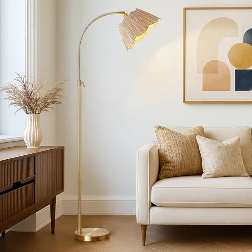 64'' Adjustable Arc Floor Lamp with Natural Rattan Woven Shade, Brushed Gold Mid-Century Modern Boho Floor Lamp, Retro Tall Standing Lamp for Living Room, Bedroom, Home Office, Bulb Included