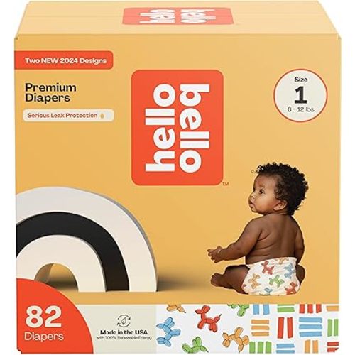 Hello Bello Premium Diapers Size 1, Balloon Buddies & Crosshatch Cuties Designs, 82ct Club Box