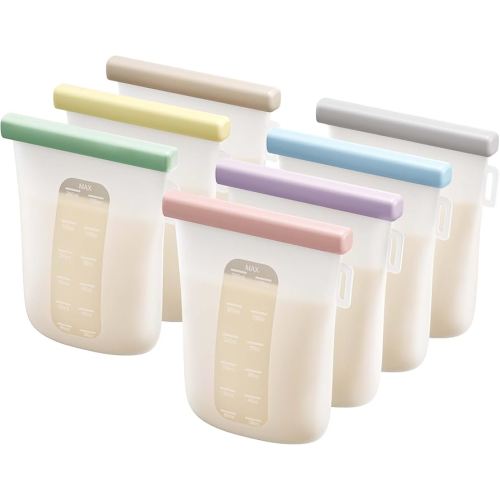 Nuliie 7 Pcs Reusable Silicone Breastmilk Storage Bags, 12oz/360ml Double Leak-Proof, BPA Free Self-Standing Milk Bags for Breastfeeding, Baby Food Pouches