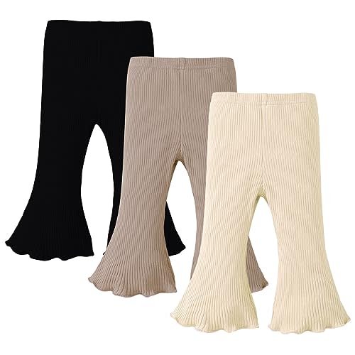 SOBOWO Baby Girl Flare Pants 3 Pack Toddler Solid Ribbed Ruffle Bell Bottoms Pants Trousers Fall Outfits