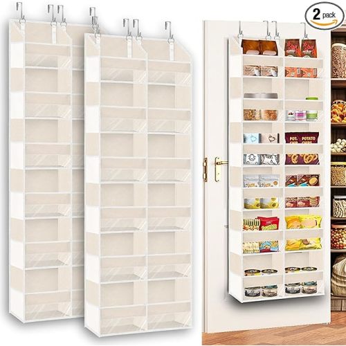 2 Pack Over The Door Organizer 6 Tiers, Extra Large Behind Door Storage of 12 Compartments, 80 lbs Weight Capacity Hanging Storage Organizer with Clear Window Kids Toys,Shoes (6 Tiers - Beige)