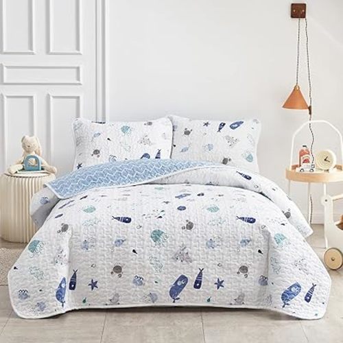 Joyreap 2-Piece Cotton Quilt Set Twin, Vibrant Ocean Theme Starfish Whale Crab Printed on White, Smooth Soft Quilt Bedspread Bed Cover for All Season, 1 Quilt and 1 Pillow Sham- 68x86 inches