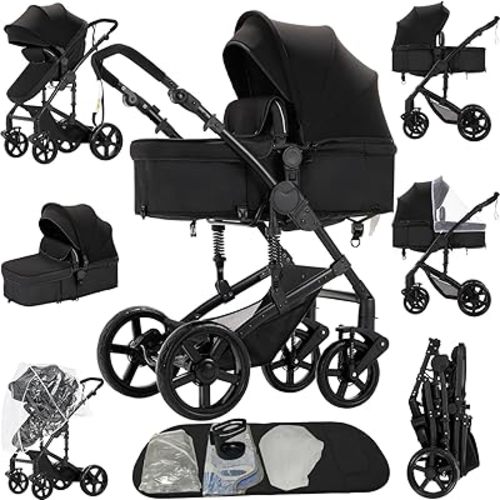 2 in 1 Baby Stroller Reversible Portable Standard Baby Stroller Convertible Pushchair Infant Buggy Baby Carriage Foldable High Landscape Pram for Toddler Newborn (2US588-BLACK)