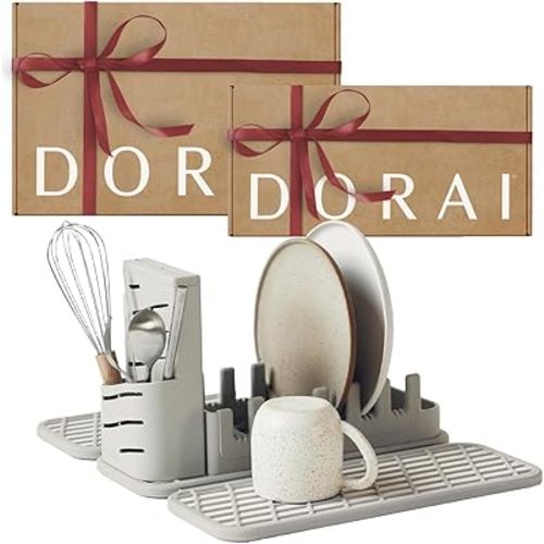 Dorai Home Collapsible Dish Drying Rack and Stone Pad – Foldable Rack with Instant - Dry Stone Mat – Space-Saving Dish Drainer for Kitchen Counter -19.9" x 15.2" (Sandstone)