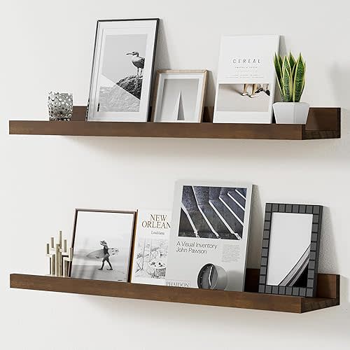 Floating Shelves for Wall, 24 inch Solid Wood Picture Ledge Shelf, Picture Shelf for Wall with Ledge, Floating Book Shelves for Living Room Bedroom Kitchen Nursery Decor, Walnut, Set of 2