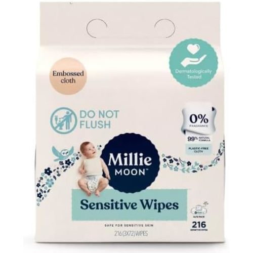 Millie Moon Sensitive Wipes (216 Count)-3 Packs of 72 Wipes in (1Box)