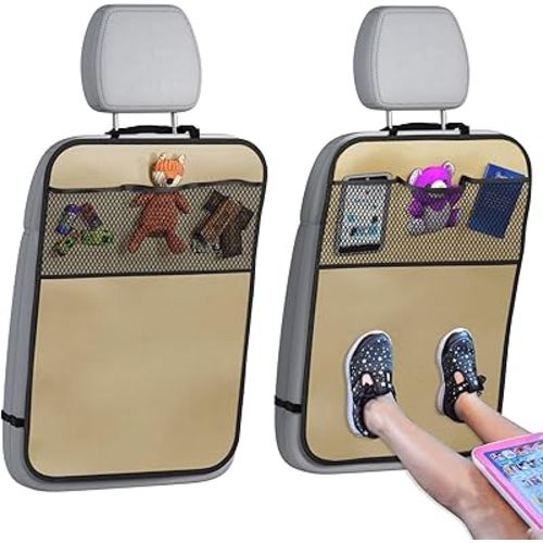 lebogner Back Seat Cover for Kids + 3 Pocket Storage Organizer, 2 Pack Kick Mats Backseat Protector, Car Accessories Waterproof Kick Guard for Vehicles to Protect from Dirt, Mud & Scratches, Beige