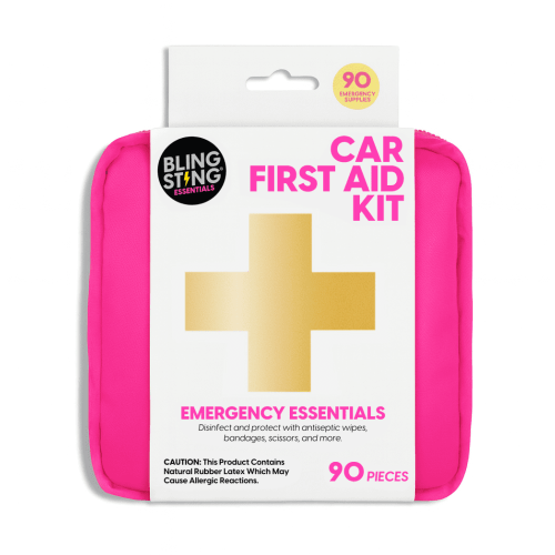 BLINGSTING Car First Aid Kit - 90 Pieces Included, Pink, 1 Count, 5 in x 5 in 2 in