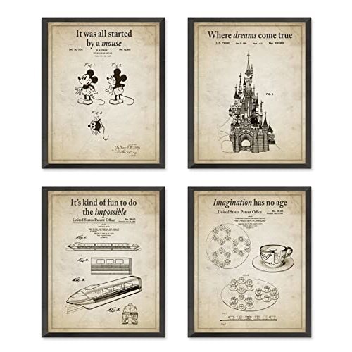 Disney Patents Prints with Slogans, Set of 4, Unframed, Vintage Wall Art Featuring Mickey Mouse, Castle, Tea Cups, and Monorail - Gift for Disney Fans or Home Decor, 8x10 Inches
