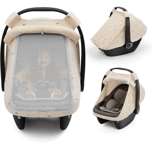 Blissful Diary Baby Car Seat Cover, Extra Large Mesh Window, Breathable Muslin Cotton, Infant Windproof Canopy, Must-Have Baby Gift - Sunshine