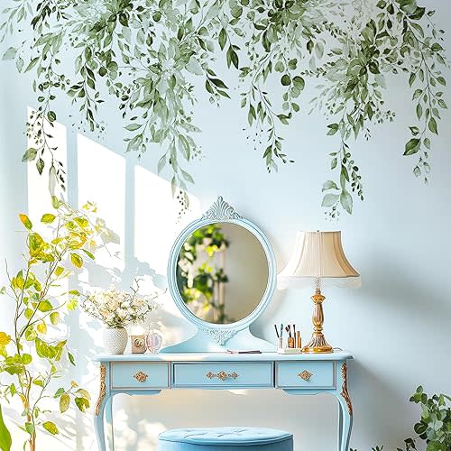 Olive Green Plants Leaves Wall Decals Peel and Stick, Large Floral Flowers Vinyl Wall Stickers, Removable Vine Home Decor Art for Bedroom Living Room Classroom Office