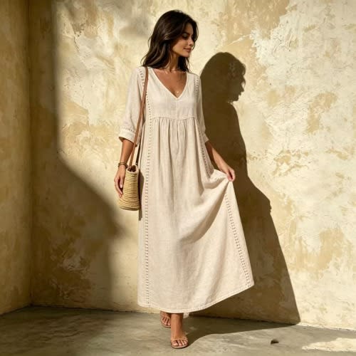 cotton Linen V-Neck Maxi Dress | Flowy Boho Casual Wear, Loose Fit Summer Dress