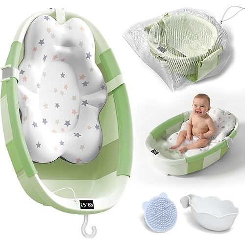 Collapsible Baby Bathtub - Large Baby Bath Tub with Thermometer | Bath Essential Bañera para Bebe Easy Fold Baby Tub | Travel Infant Newborn Toddler Bathtub for Baby Girl Boy 0 to 36 Months(Green)