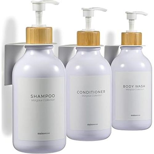 MaisoNovo Shampoo and Conditioner Dispenser - Shower Soap Dispenser Wall Mounted - 16.9 fl oz Set of 3 White Plastic Bottles Bamboo Pump - 3 Chamber No Drill
