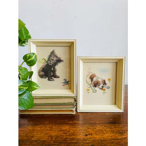 Vintage Adorable & Sweet Puppy Dog Print Pictures in Cream Frames - Set of 2