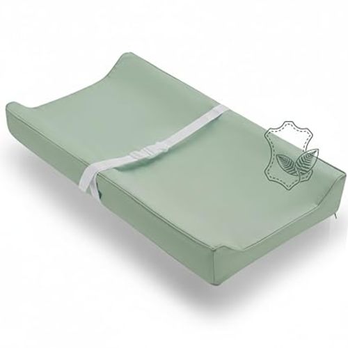 Vegan Leather Contoured Baby Changing Pad | Waterproof & Wipe-Clean PU Leather Diaper Change Mat, Soft, Wipeable Cover, Safety Strap, Non-Slip Bottom, Topper for Standard Infant Diaper Table & Dresser