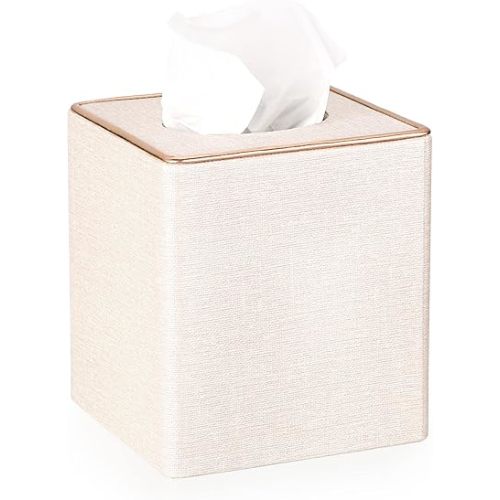 Sumnacon Square Linen Tissue Box Cover - Stylish Cube Tissue Box Holder with Magnetic Bottom, Decorative Tissue Box for Vanity Toilet Tank Dresser Night Stand Table Countertop Office Car, Beige