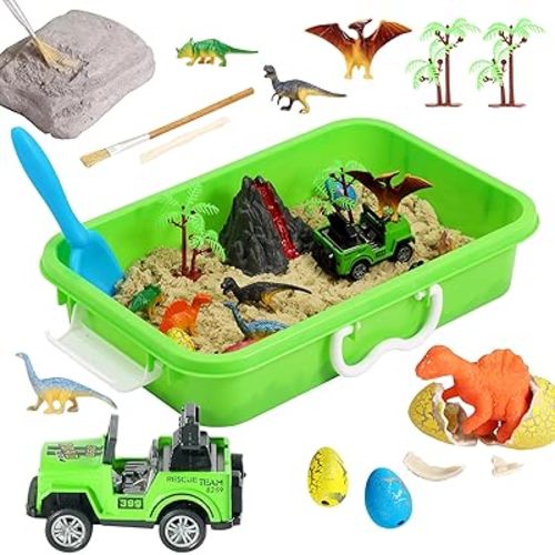 Dinosaur Sensory Bin, Dinosaur Dig Sensory Toys with Play Sand for Toddlers Boys and Girls, Kids Toys Gift Sand Box for Age 3 4 5 6 7 8