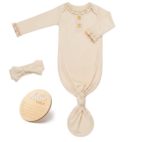 Baby Noah Baby Girl Knotted Gowns for Newborn with Ruffle, Soft Nightgown | Soft Preemie Coming Home Outfit, Breathable Infant Sleeper with Cute Bow Headband & Announcement Sign, Stretchy Nightgown