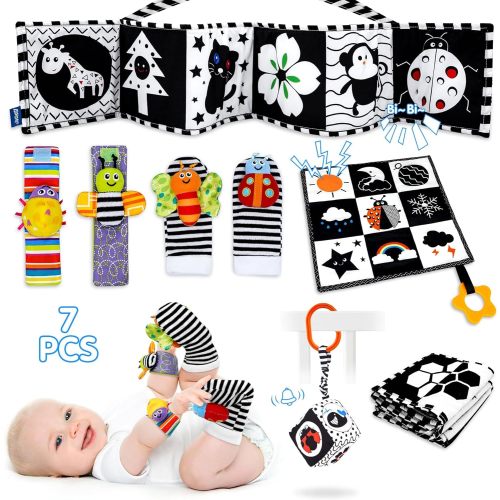FELSOOGRE 7 Pcs High Contrast Baby Toys Set, Soft Cotton, Black & White, Ideal for Newborns 0-6 Months, Montessori Tummy Time