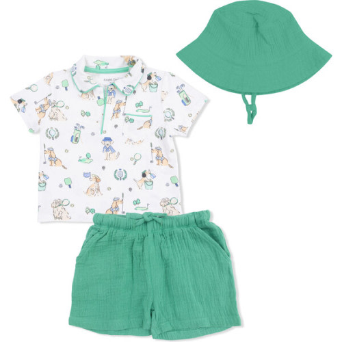 Polo with Casual Short & Bucket Hat, Country Club Dogs Neutral - Angel Dear | Maisonette