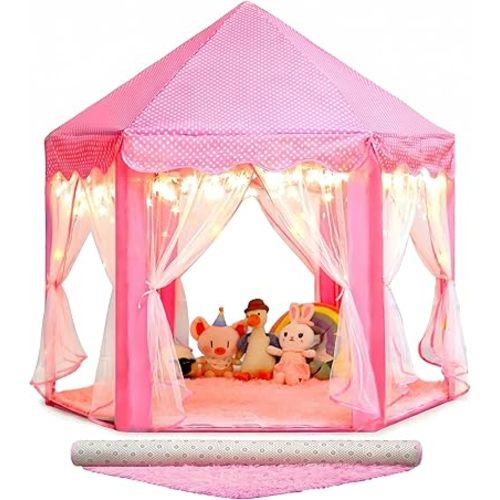 Princess Castle Tent with Rug for Girls Fairy Play Tents for Kids Hexagon Playhouse Fairy Toys for Children or Toddlers Indoor Games (Pink Princess Tent with Rug)