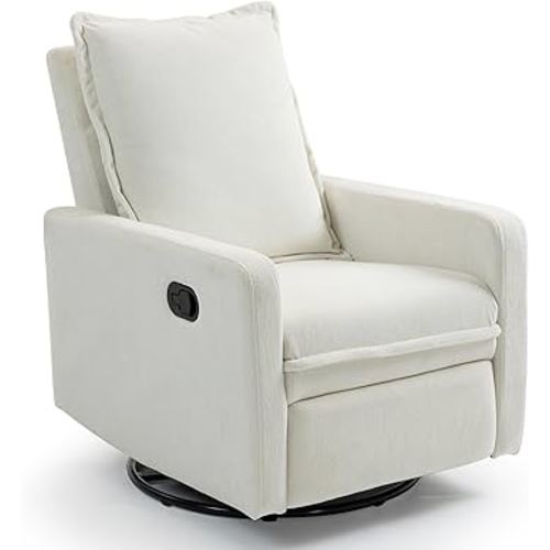 360° Swivel Rocking Chair Nursery Glider Recliner Nursery Chair Manual Swivel Rocker Recliner with High Backrest Armchair Comfy Side Modern Chair for Living Room (White)