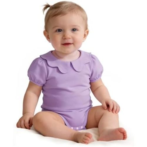 LYSMuch 0-24Mo Baby Girls Peter Pan Collar Bodysuit Toddler Ruffle Romper Short Sleeve Solid Color Clothes