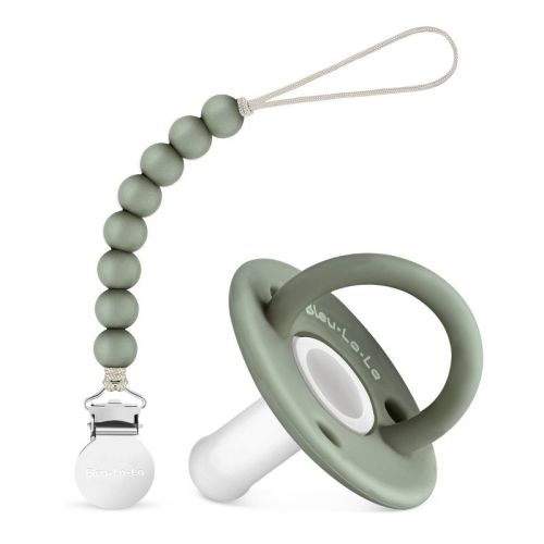 Lulababe Pacfier and Clip Set - Soft Medical Grade Silicone Paci and Clip Holder Newborns and Infants, Color: Sage + clear, Size: stage 1 (0-6m) - 1 set