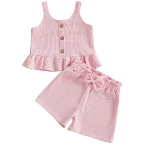 Baby Girl Summer Outfit Bow Buttons Camisole Sleeveless Tank Tops Bowknot Shorts 2 Piece Set Cute Toddler Clothes
