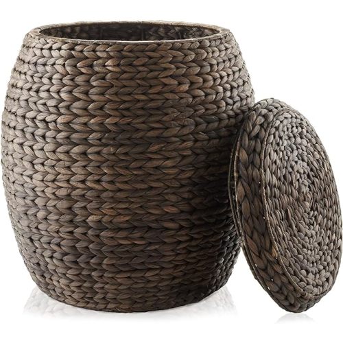 Casafield Round Storage Basket with Lid - Espresso, Handwoven Water Hyacinth Organizer for Laundry, Blankets, Plants, Bedroom, Living Room, Home Office