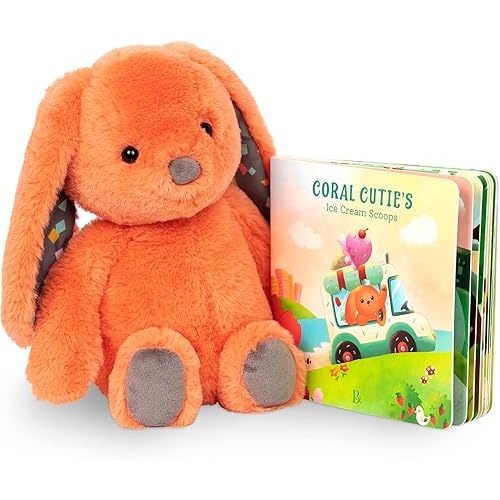 B. toys – 12-Inch Plush Bunny + Board Book Playset – Stuffed Animal – Baby Playset – Toys for Babies – Happy Hues – Coral Cutie – 0+ Months
