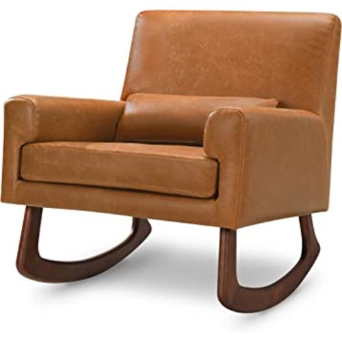 Nursery Works Sleepytime Rocker in Tan PU Vegan Leather with Walnut Legs, Greenguard Gold and CertiPUR-US Certified