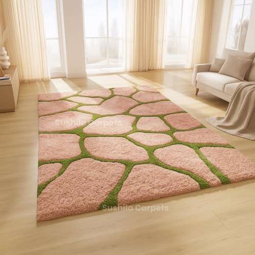 New Pink & Green Abstract Pattern Hand Tufted Rug | Wool Rug For Living Room, Bedroom, Dining Room, Kids Room, Office And Any Room Decor