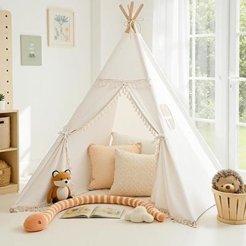 Sumbababy Kids Teepee Tent - Natural Canvas Playhouse with Fringe, Washable Fabric, Tipi Sleepover Tent, Includes Carry Bag, Lights & Colorful Flags - Perfect for Indoor & Outdoor Fun