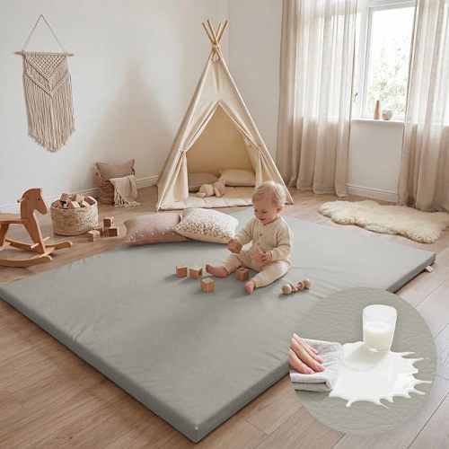 Huloo Sleep Baby Play Mat 74x50 Inches, 1.3" Thick Padded Waterproof Floor Cushion & Playpen Mat with Vegan Leather, Non-Slip & Non-Toxic Nursery Rug for Infants, Toddlers & Kids(Beige)
