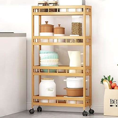 4-Tier Bamboo Kitchen Rolling Cart Removable Wood Trolley Island Cart, Utility Cart Multi-Layer Storage Shelf Rack on Wheels (19.7" L X 7.1" W X37.8 H)