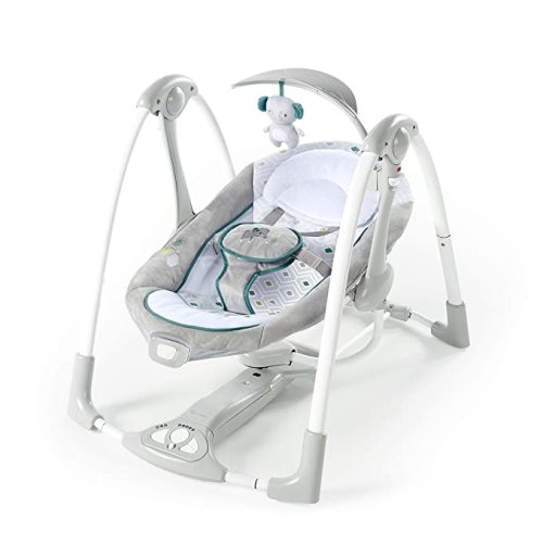 Ingenuity Swing n Go Portable Swing, Removable Sustainably Sourced Wood Toy Bar, 5-Speed, for Ages 0-9 Months, Up to 20 Pounds - Chambray