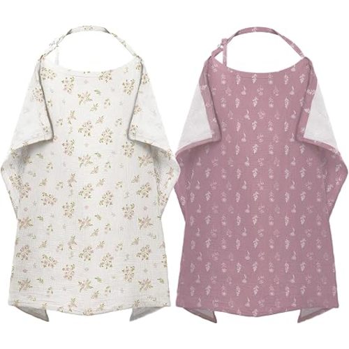 2-Pack Floral Muslin Nursing Cover Up for Breastfeeding Mom with Rigid Hoop | Hands-Free View, 100% Cotton, Lightweight& Breathable, Breast Feeding Covers for Women, Adjustable Strap Multicolour
