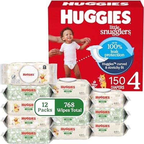 Huggies Little Snugglers Baby Diapers with Huggies Natural Care Sensitive Baby Wipes, Size 4 (22-37 lbs), 150 Diapers & 768 Wipes, Packaging May Vary
