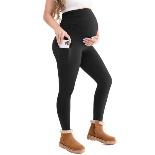 Leafigure Maternity Fleece Lined Leggings with Pockets, Warm Pregnancy Buttery Soft Yoga Workout Pants Winter