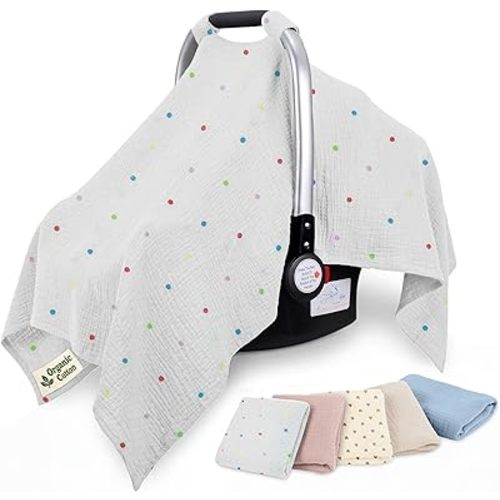 100% Organic Cotton Car Seat Cover 90 x 126 CM Soft Touch with Breathable Canopy Car Seat Cover Baby for All Seasons Lightweight Seat Cover for Infant Travel Comfort (Multi-Color Dots)