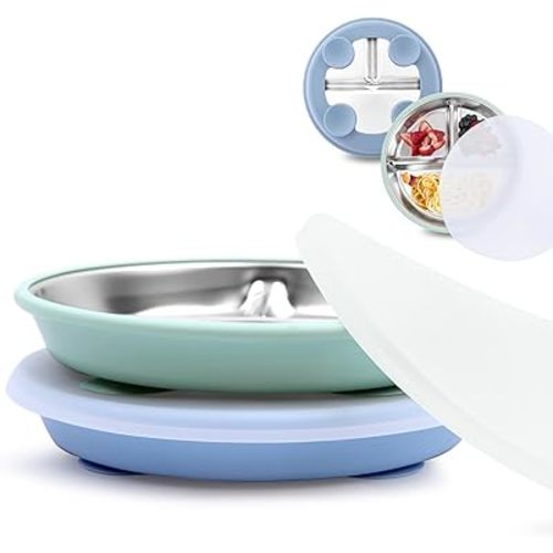 Stainless Steel Toddler Suction Plate with Lid, Deeper 9" Divided Plates with Removable Silicone Sleeves for Kids, Non Toxic & BPA Free | Unbreakable Baby Snack Dishes Set of 2, Blue & Sage