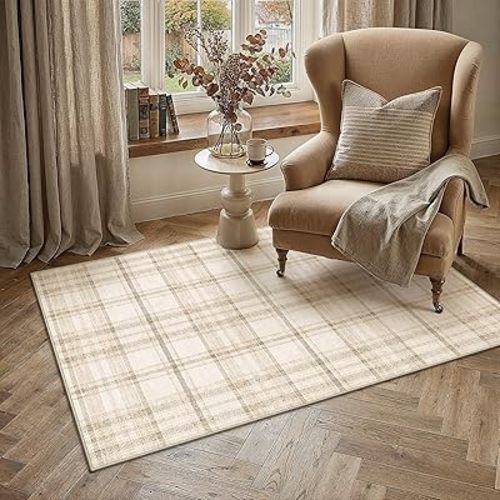 4x6 Beige Area Rug for Living Room Bedroom Machine Washable Low Pile Checkered Carpet Modern Accent Soft Non Slip Rug for Dining Room Nursery Office Indoor