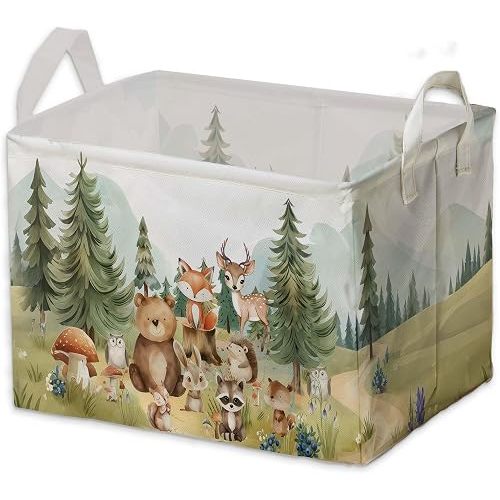 Cute Animals Storage Baskets, Woodland Nursery Decor, Woodland Baby Shower Decorations, Large Squarecanvas Laundry Hamper With A Waterproof PECoating, Foldable Kids Toy Clothes Bins for Bedroom